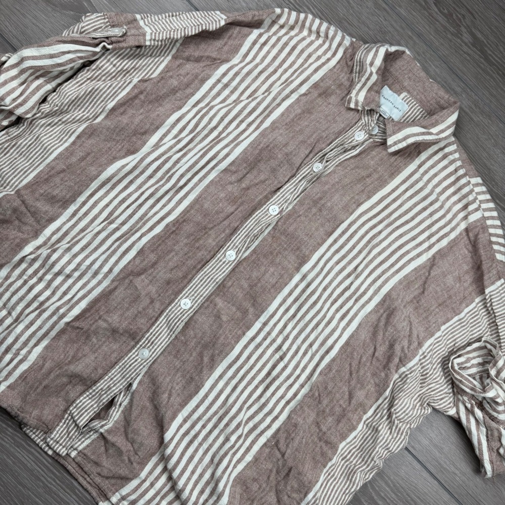 American Eagle Womens Button Up Linen Blend Striped Brown Small